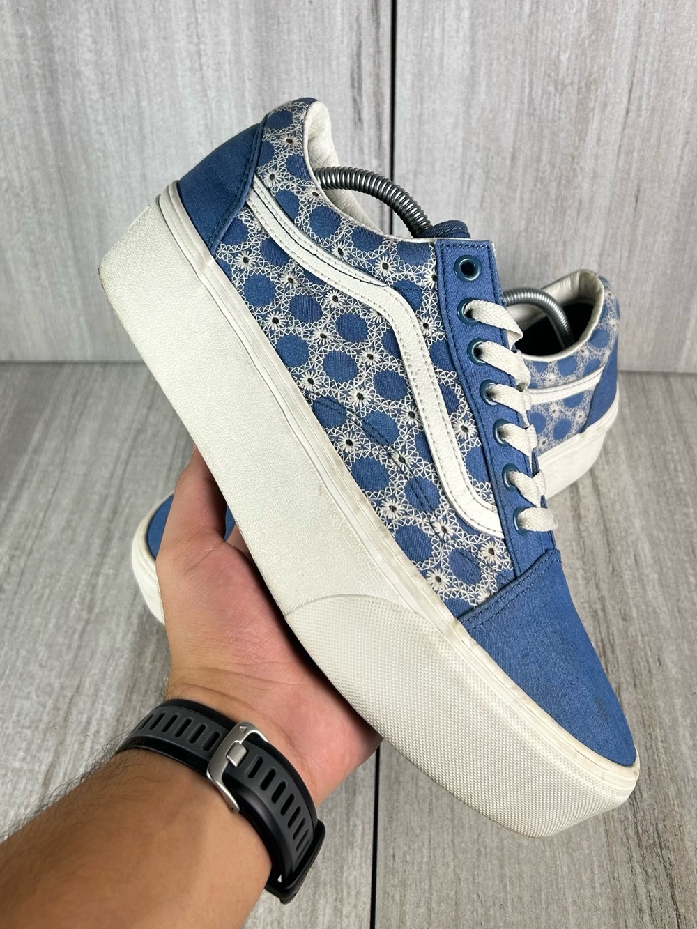 Vans Old Skool Stackform Blue Canvas Platform Sneaker Casual Shoe Mens Size 10